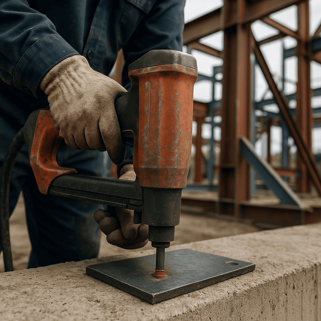 تفنگ میخکوب چاشنی دار در حال نصب پلیت فلزی روی بتن فونداسیون در کارگاه سازه فلزی