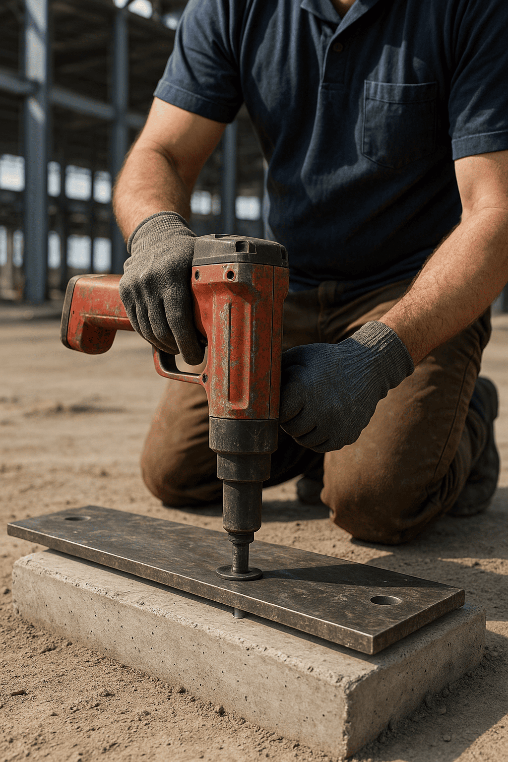 تفنگ میخکوب چاشنی دار در حال نصب پلیت فلزی روی فونداسیون بتنی در کارگاه ساختمانی