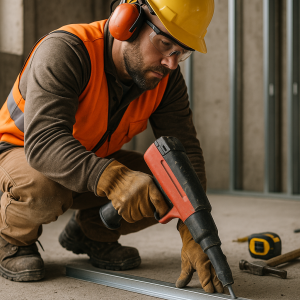 =نصابی در حال استفاده از تفنگ میخکوب بر روی اسکلت فلزی و بتنی در یک کارگاه ساختمانی، ابزارها و وسایل ایمنی در تصویر قابل مشاهده هستند.